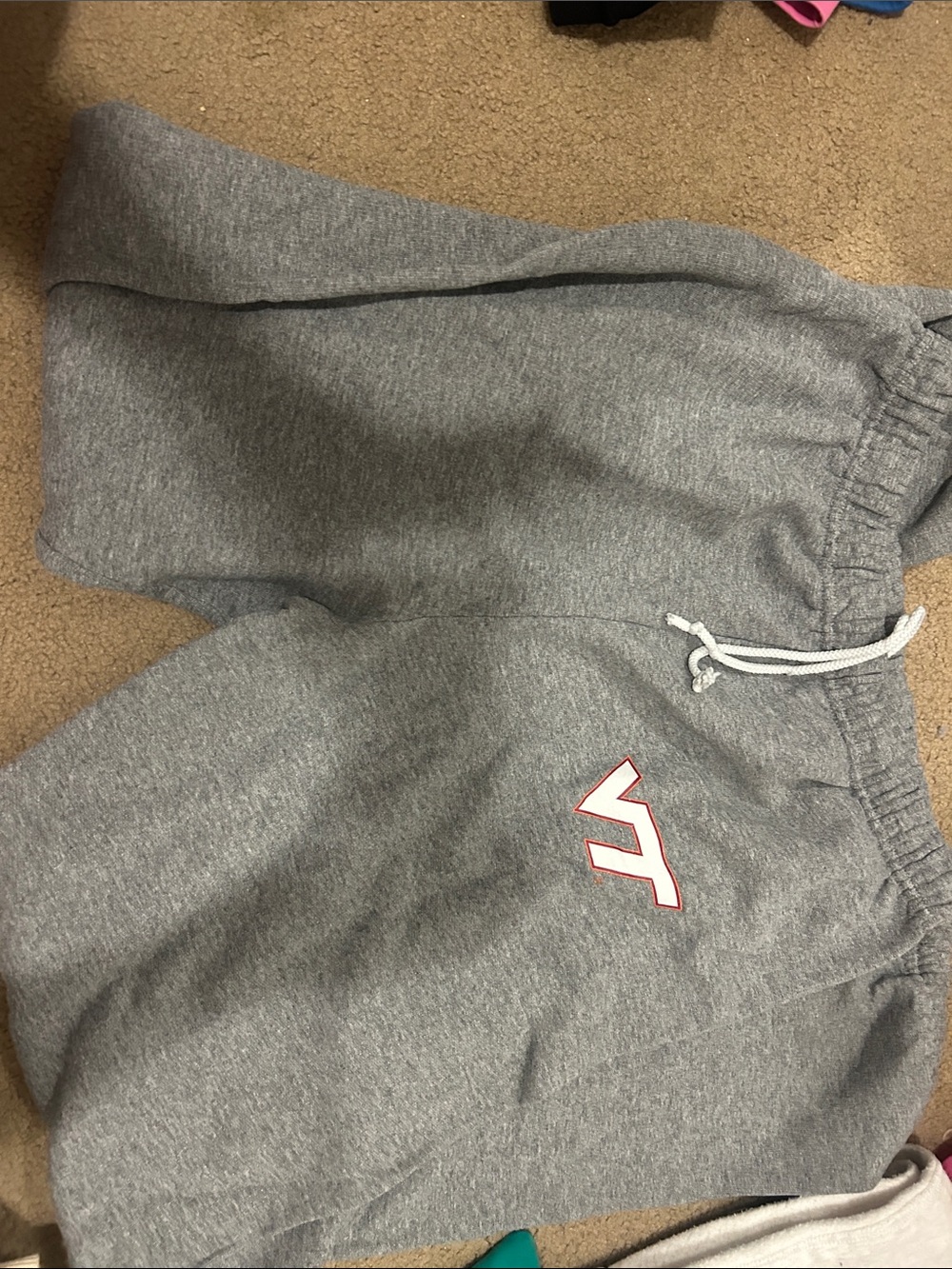 Gray Sweatshorts with White Drawstring and Small Red-Outlined Logo